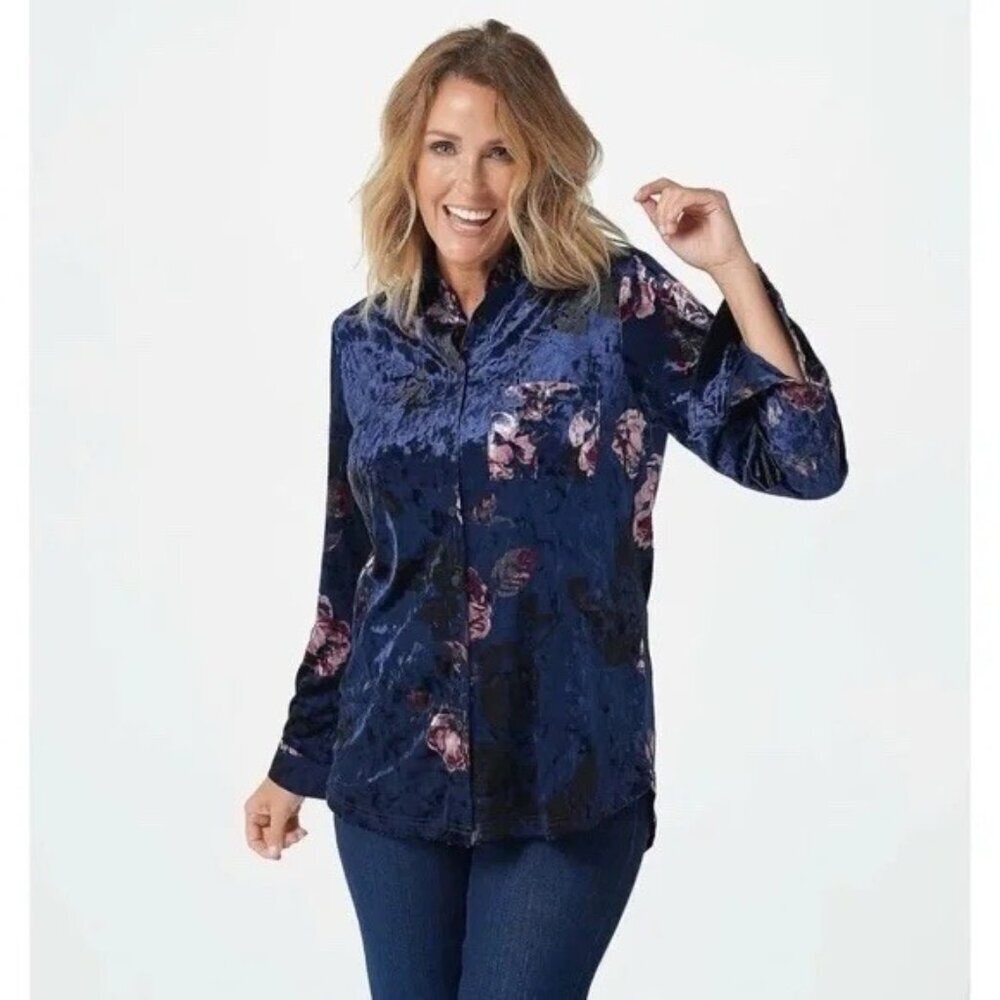 Belle Kim Gravel Size L Blue Floral Velvet Button Up Long Sleeve Fairy Grunge